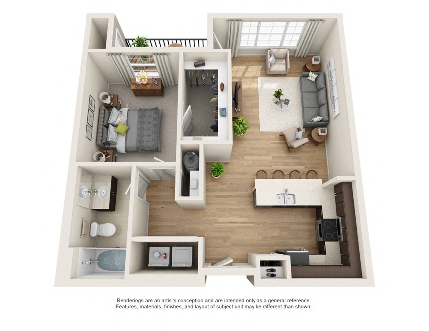 Floor plan for 1 bed, 1 bath, 818 sqft